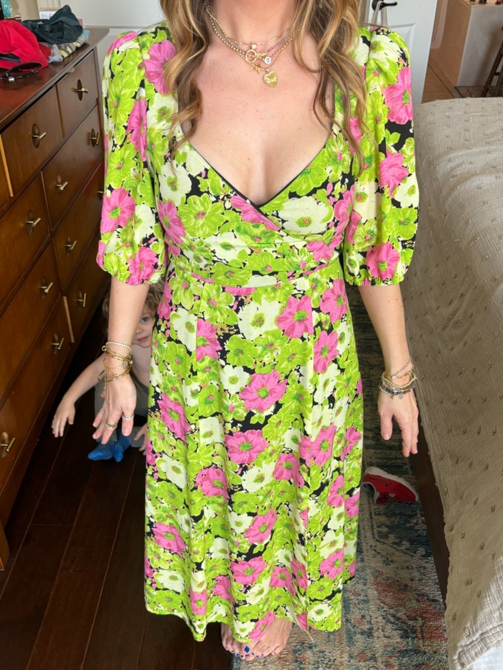 WAYF Floral Midi Dress in Lime Green and Pink